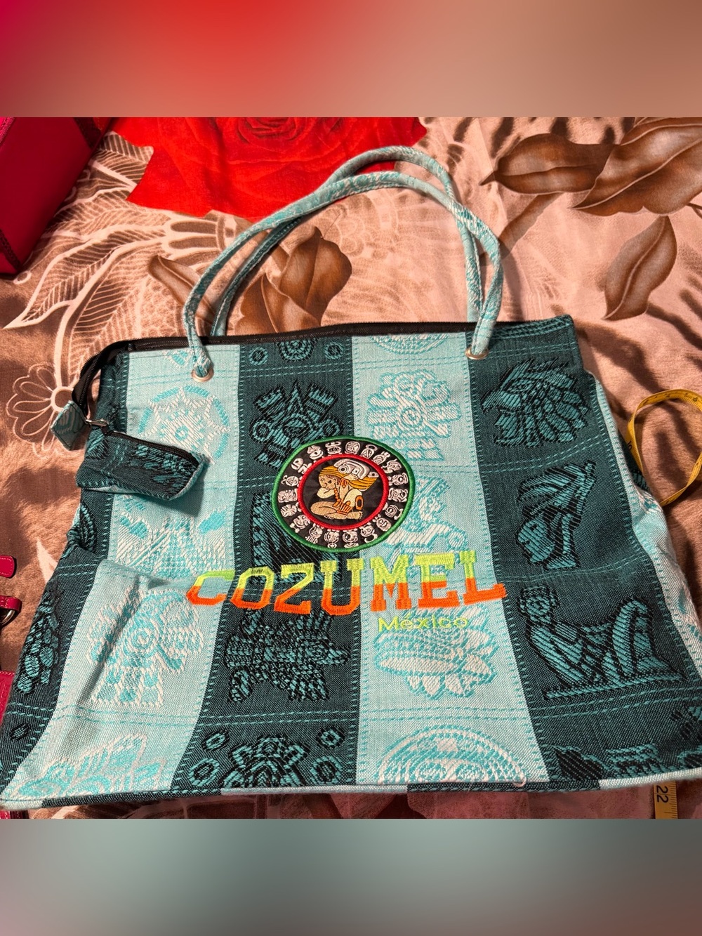 XL Embroidered Turquoise Tote Bag